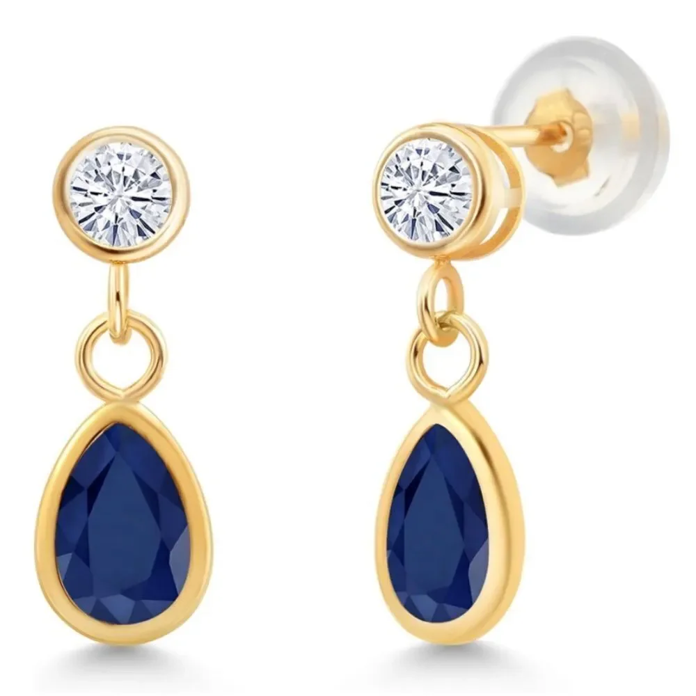 14K Yellow Gold 1.20 Cttw Navy Blue Sapphire and White Moissanite Post Earrings
